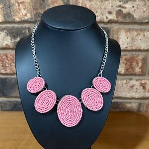 C1946 Pink Seed Bead silver tone Statement Necklace